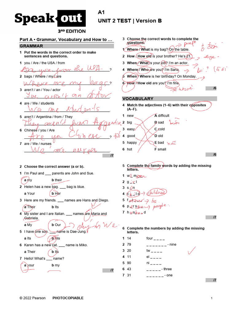 A1 Unit 2 Test: Grammar & Vocabulary | PDF | Linguistics