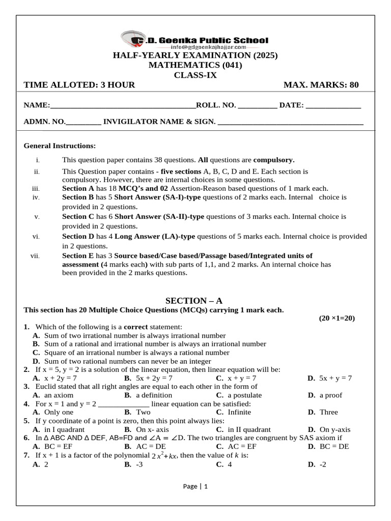 Class IX Mathematics Half-Yearly Exam 2025 | PDF | Numbers | Angle