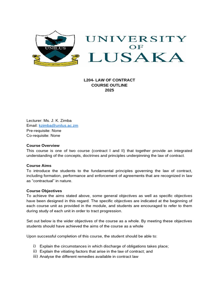 Law of Contract Course Outline 2025 | PDF | Legal Remedy | Breach Of ...
