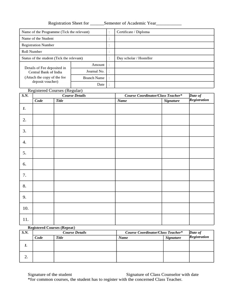 Academic Registration Sheet Template | PDF