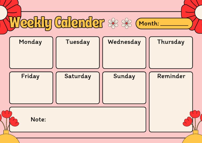 Pink and Cream Illustrative Playful Weekly Wall Calender | PDF