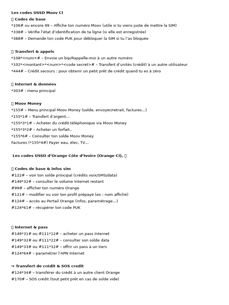 Codes USSD Moov CI : Guide Pratique | PDF | Télécommunications mobiles ...