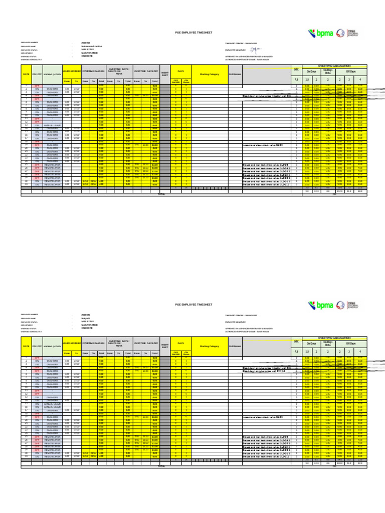 PGE Employee Timesheet January 2025 | PDF | Overtime | Employment ...