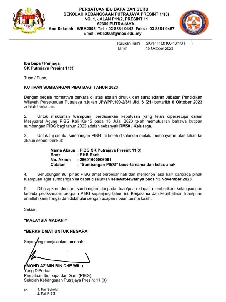 Surat Kutipan Sumbangan PIBG 2023 | PDF