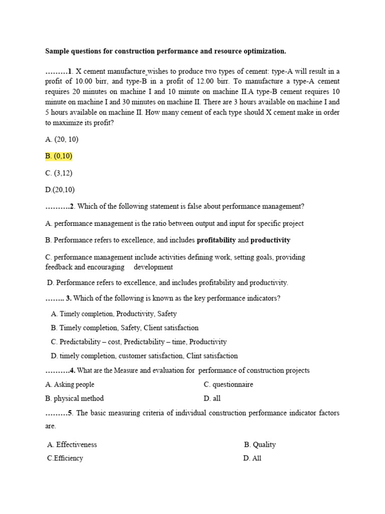 Construction Performance Optimization Questions | PDF | Mathematical ...