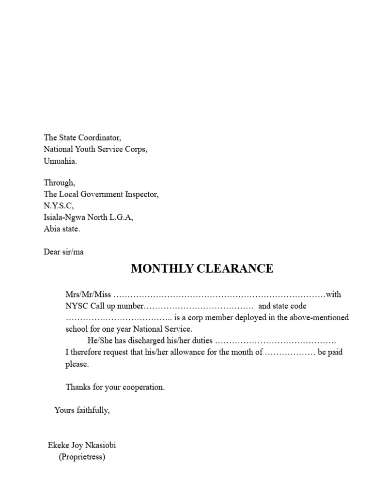 NYSC Monthly Clearance Request Letter | PDF