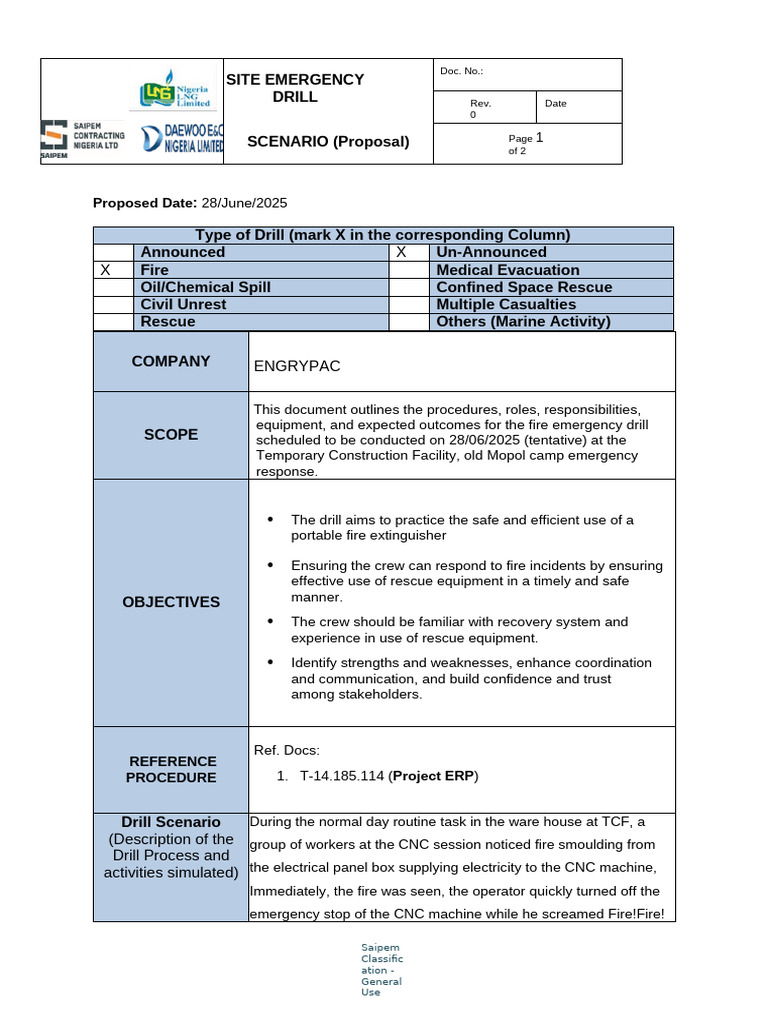 Saipem Fire Emergency Drill Proposal | PDF | Emergency | Public Safety