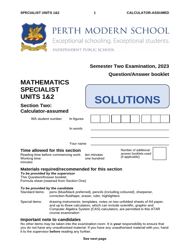 2023 Yr 11 Spec S2 Exam CA Marking Key FINAL | PDF | Complex Number | Angle