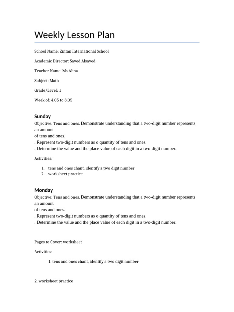 Weekly Lesson Plan (Math) | PDF