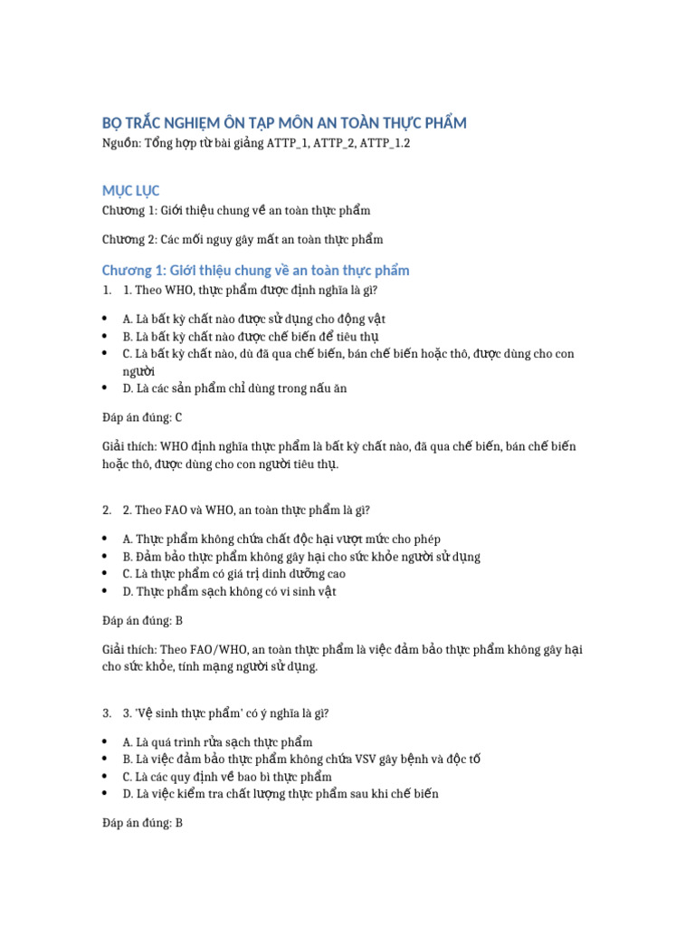 Bo Trac Nghiem On Tap ATTP 2025 Ch1 Ch2 | PDF