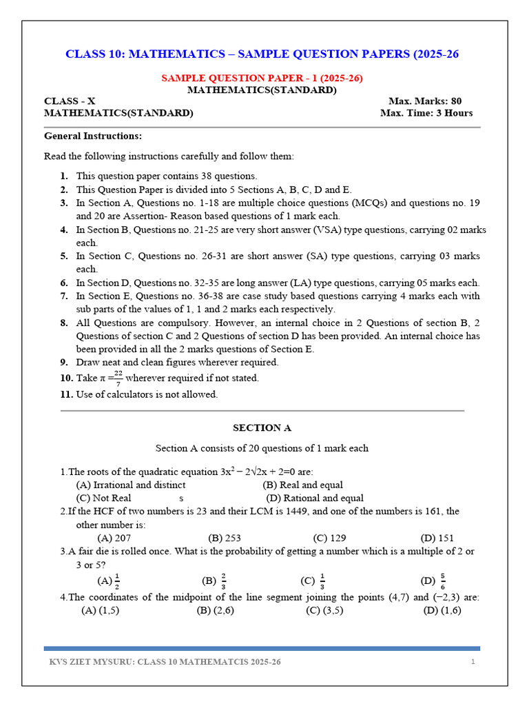 Class 10 Mathematics Sample Paper 2025-26 | PDF | Circle | Area