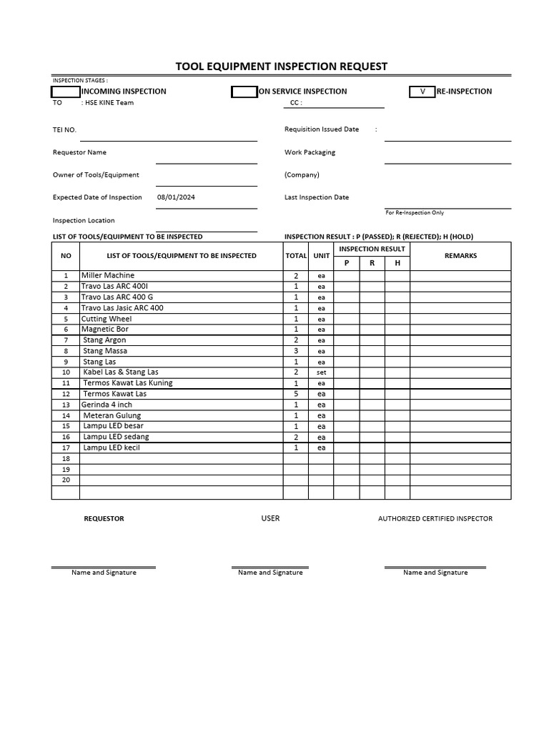 Tools Inpesction Request | PDF