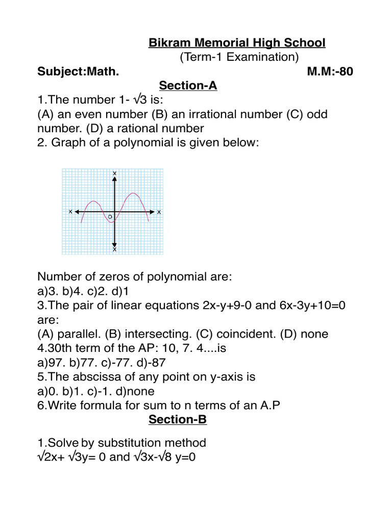 Math Exam Questions for Class 10 | PDF
