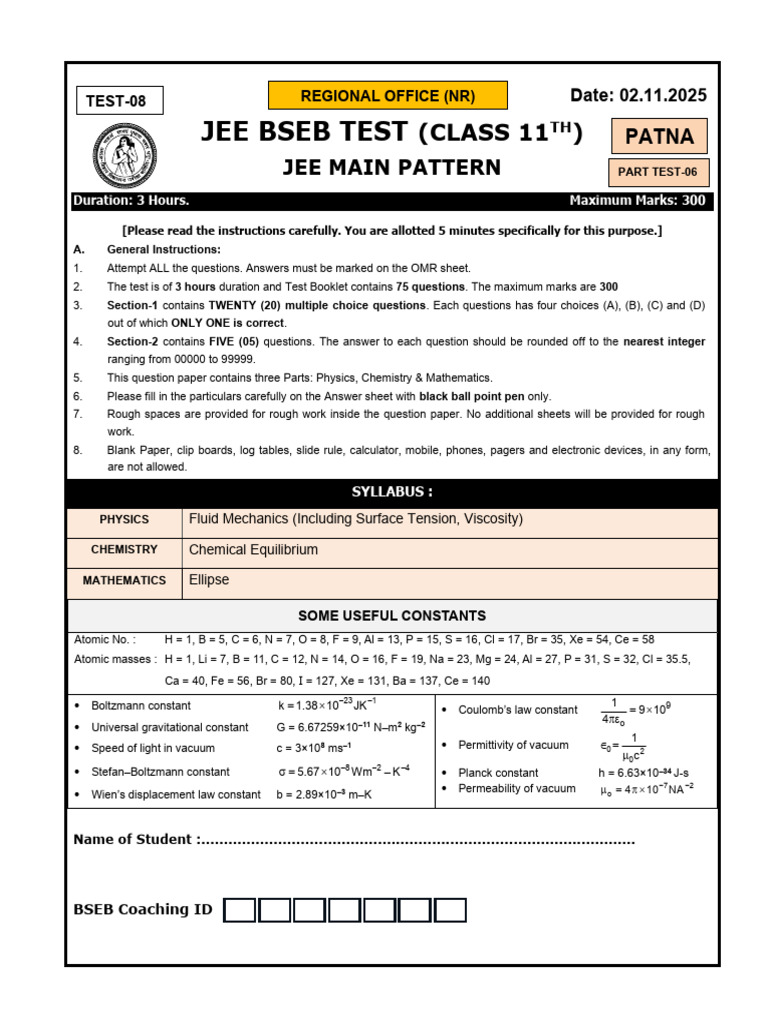RO_JEE M TEST-08 (C11)_02.11.2025 (Patna) | PDF | Drop (Liquid) | Ellipse