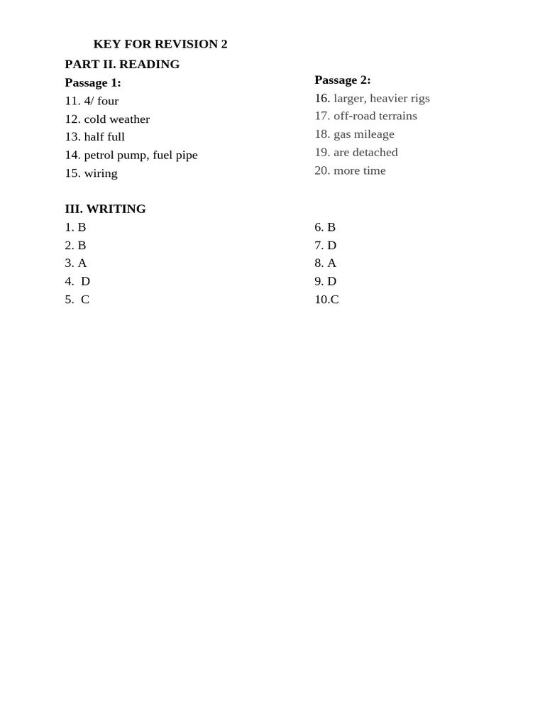 Revision Key for Reading and Writing | PDF
