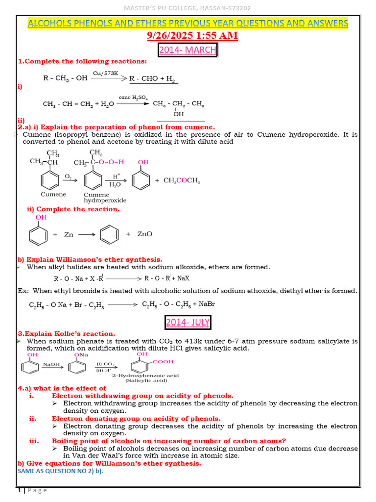 Previous Year Questions on Alcohols and Phenols | PDF | Ether | Ethanol