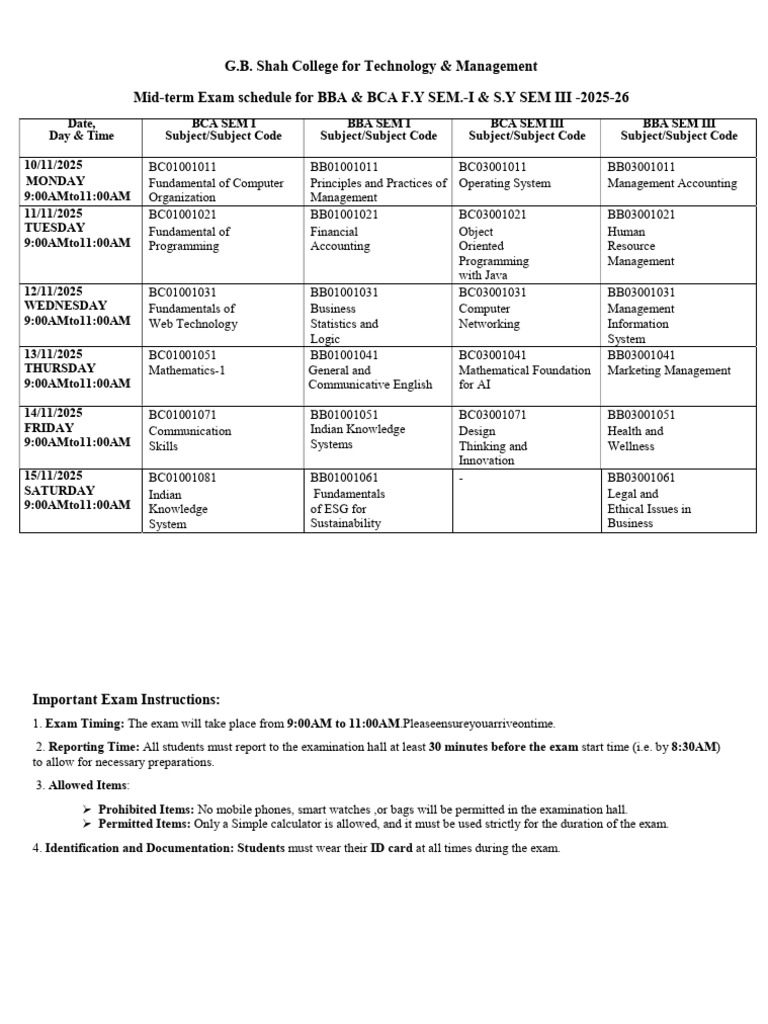 BBA & BCA Mid-term Exam Schedule 2025-26 | PDF