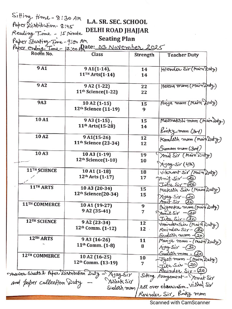 SA - 1 Seating Plan of Class 9th To 12th - 3 | PDF