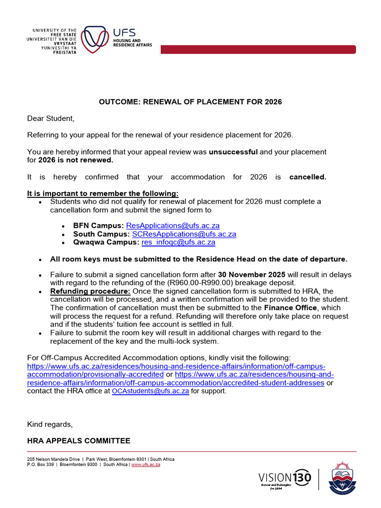 2026 UFS Residence Renewal Outcome | PDF