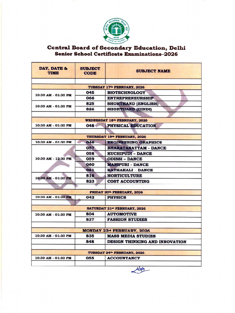 CBSE Senior School Exam Schedule 2026 | PDF | Cultural Assimilation ...