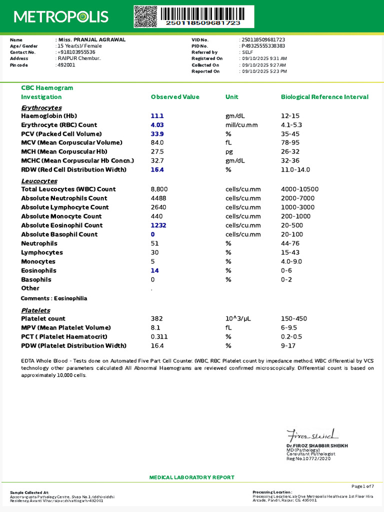 CBC and LFT Report for 15-Year-Old Female | PDF | White Blood Cell ...