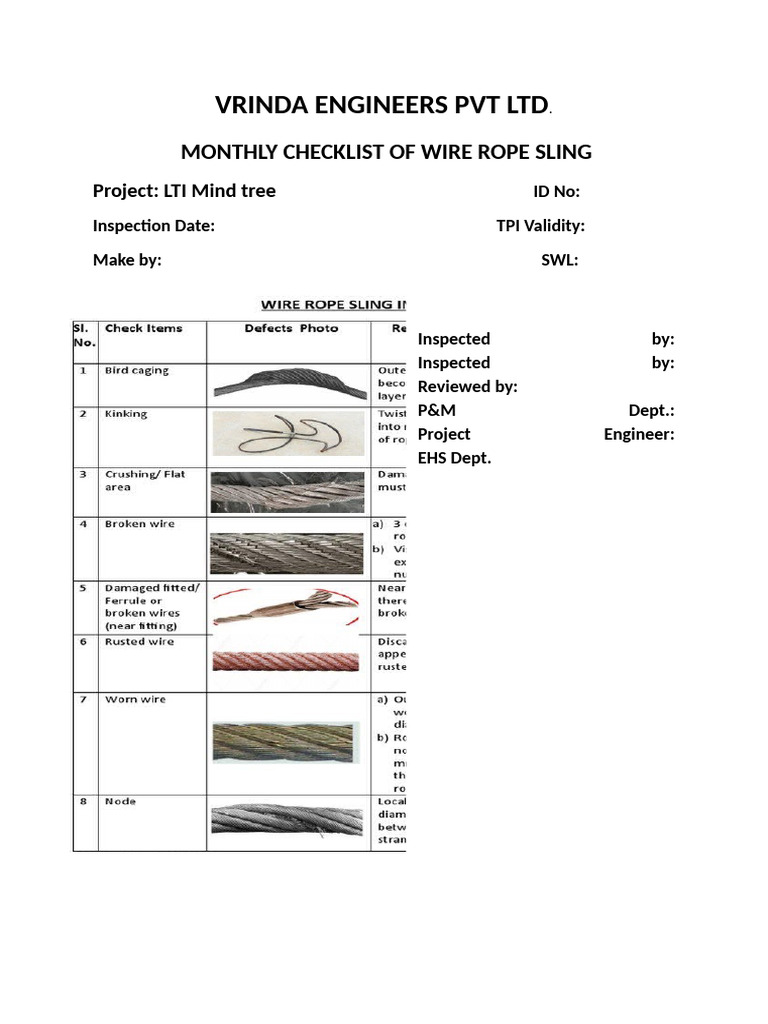 Monthly Wire Rope Sling Checklist | PDF