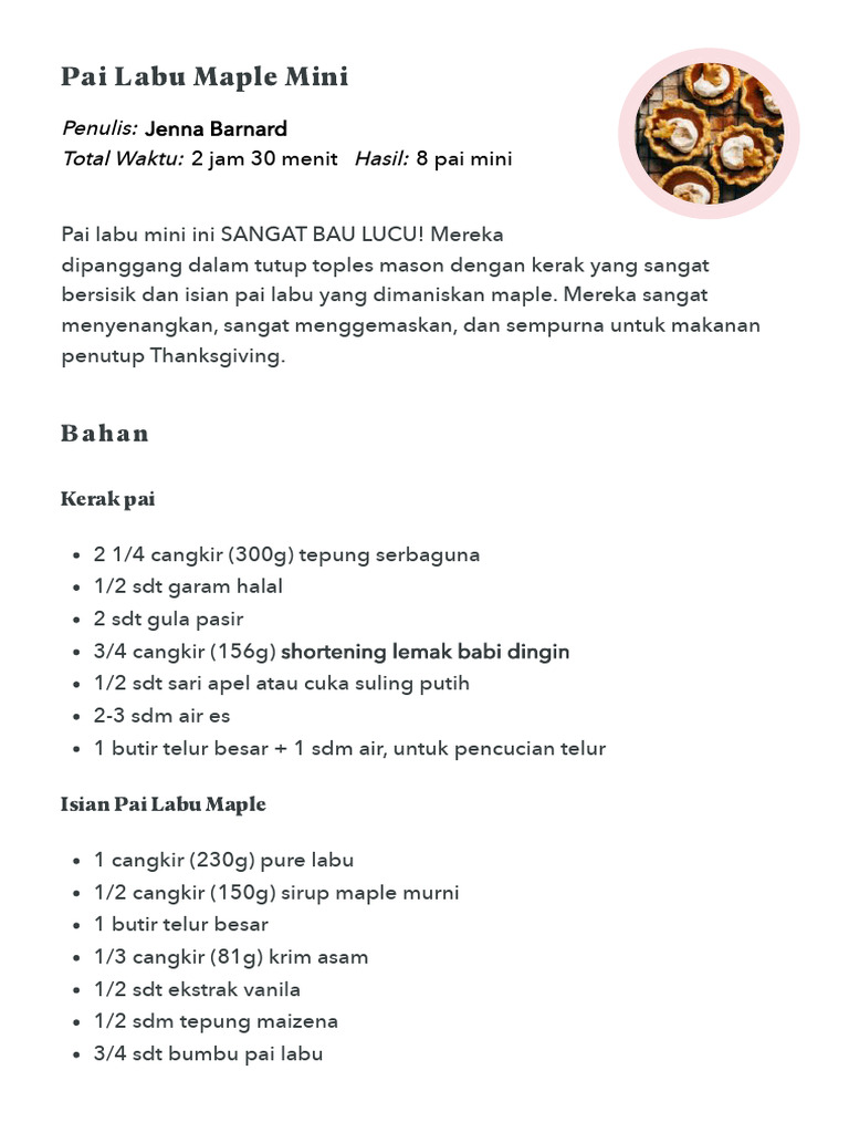 Pai Labu Maple Mini - Toko Roti Butternut | PDF