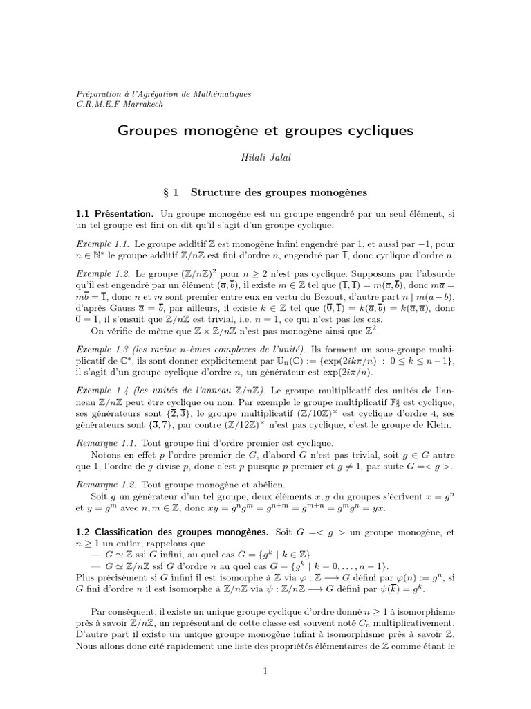 Groupes Cycliques et Monogènes | PDF | Groupe (Mathématiques) | Théorie ...