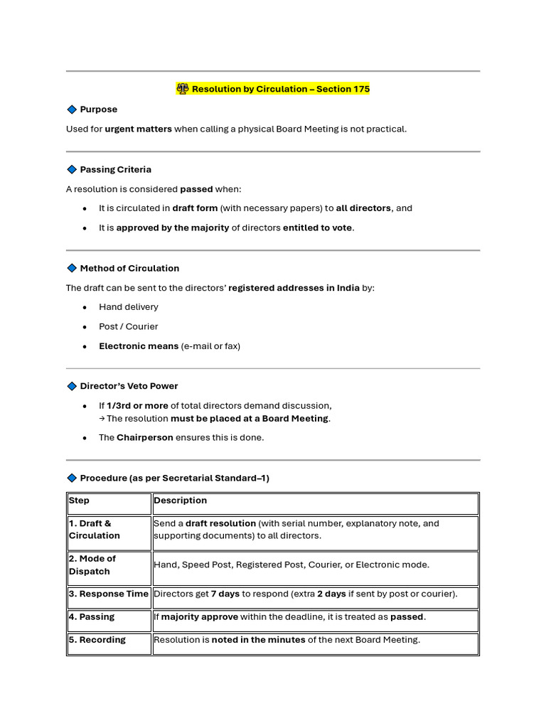 Resolution by Circulation: Section 175 | PDF | Governance | Government