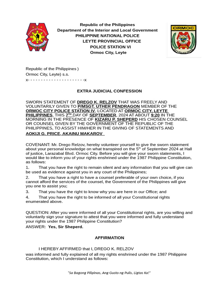 Drego Relzov's Extra Judicial Confession | PDF | Affidavit