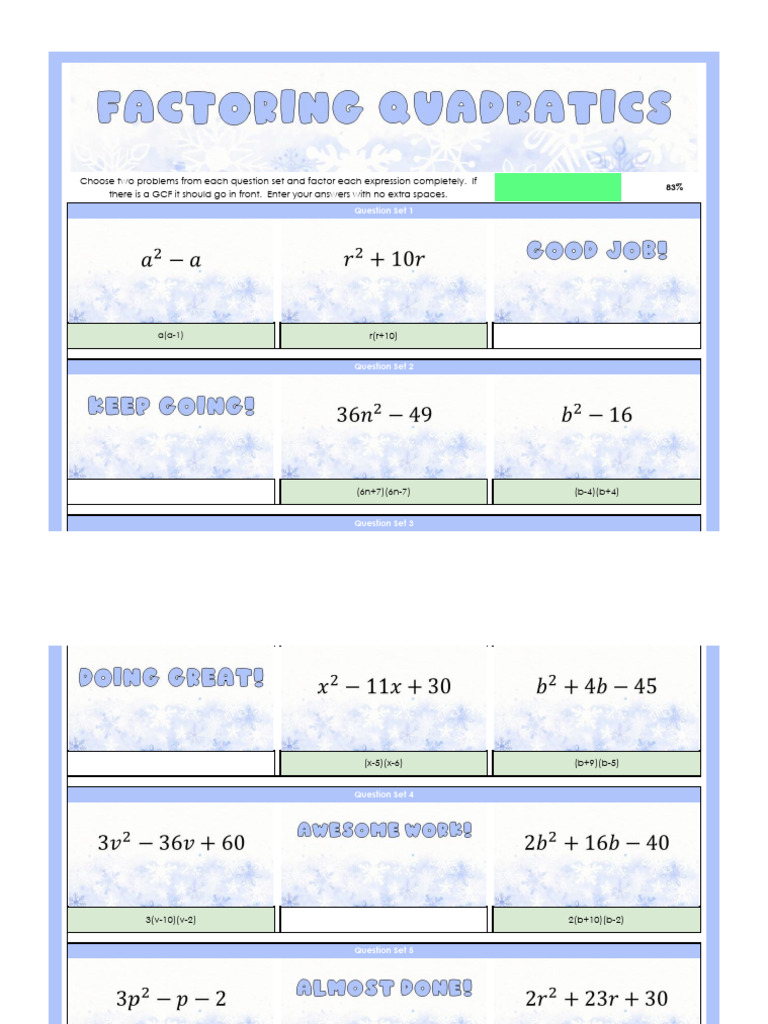 Updated Student Version - Factoring Quadratics Winter Mix - Sheet1 | PDF