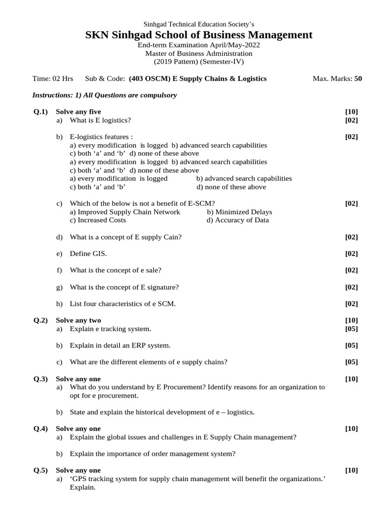 E Supply Chains & Logistics Exam Guide | PDF | Supply Chain Management ...