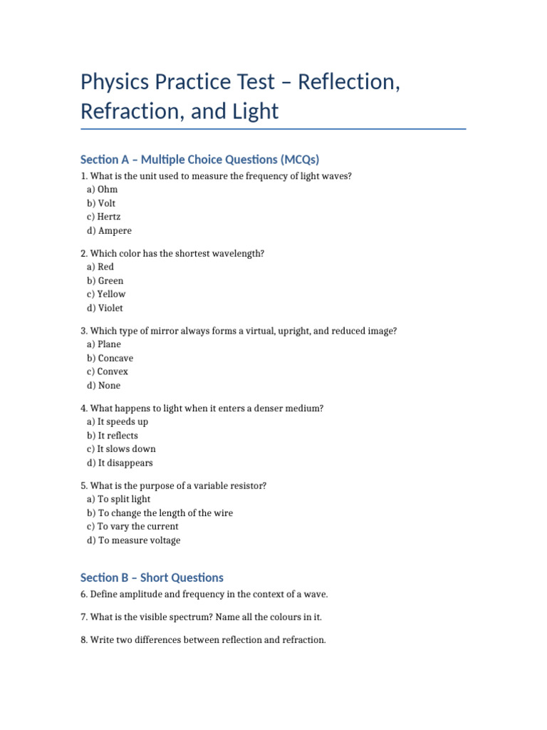 Physics Test: Light Reflection & Refraction | PDF
