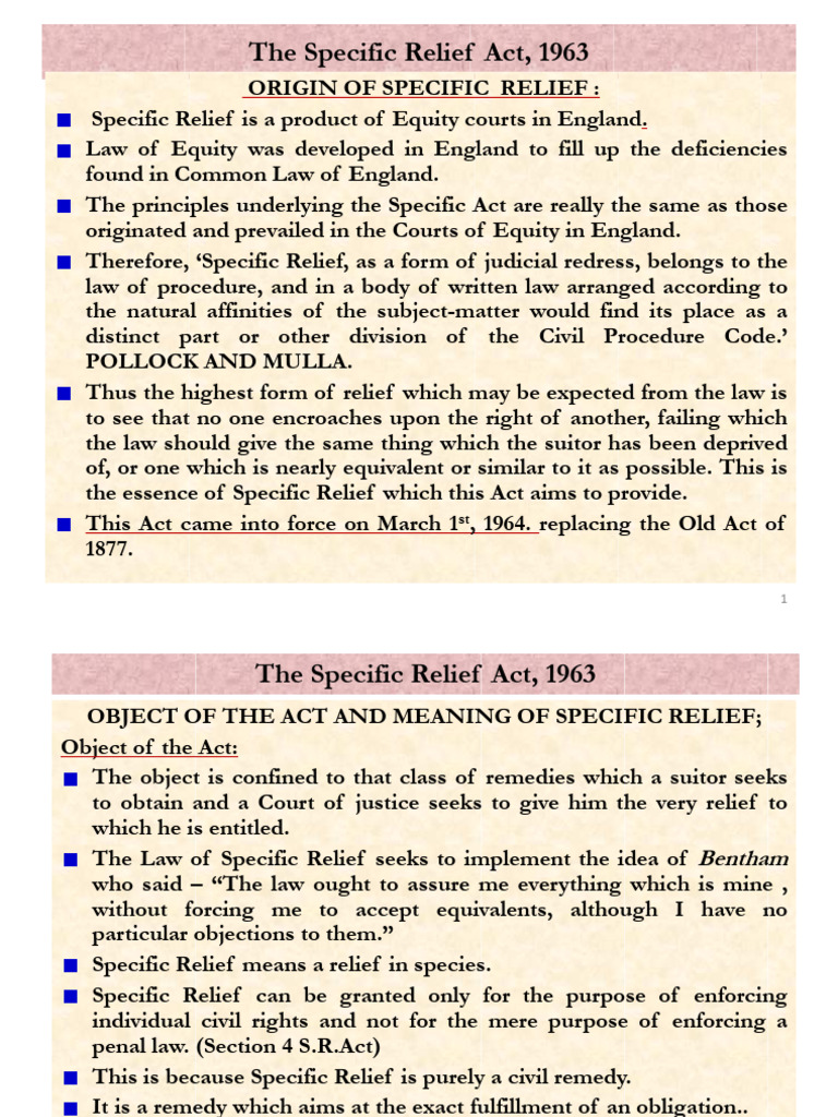 Overview of the Specific Relief Act, 1963 | PDF | Equity (Law) | Injunction