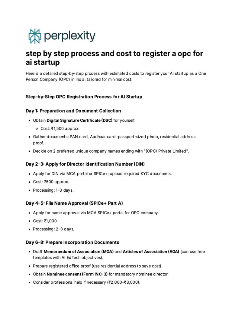 OPC Registration Guide for AI Startups in India | PDF | Articles Of ...