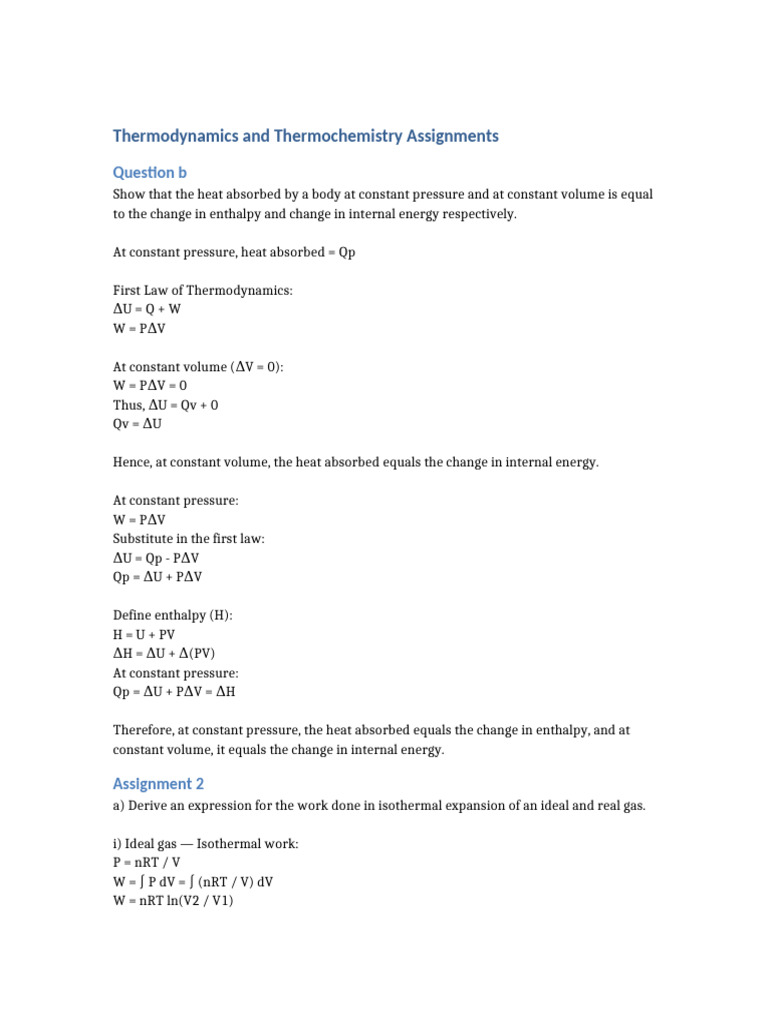 Thermodynamics Assignments: Heat Capacity & Work | PDF | Gases | Enthalpy
