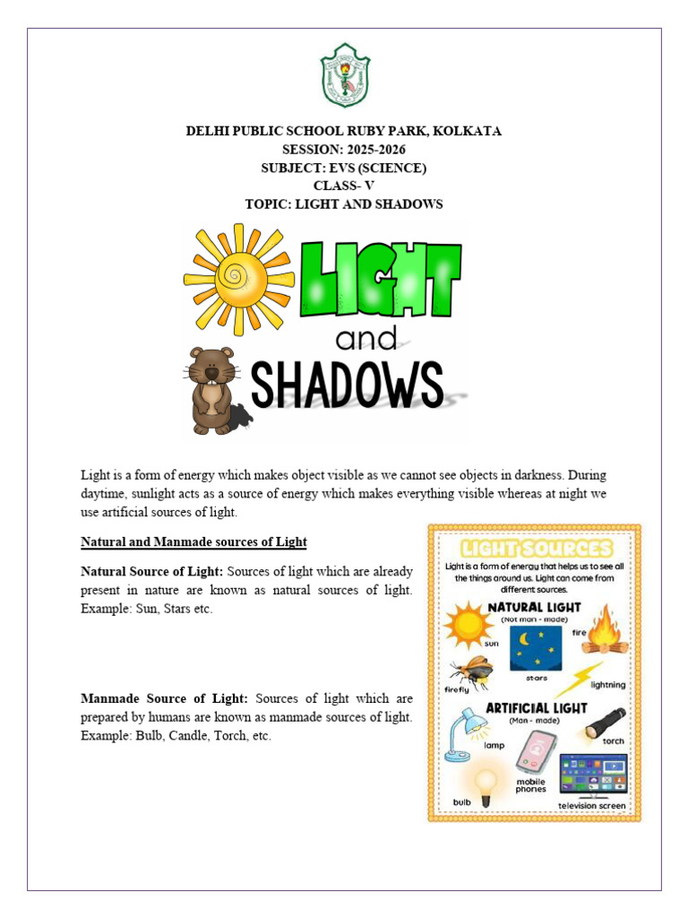 Light and Shadows for Class V EVS | PDF | Solar Eclipse | Eclipse