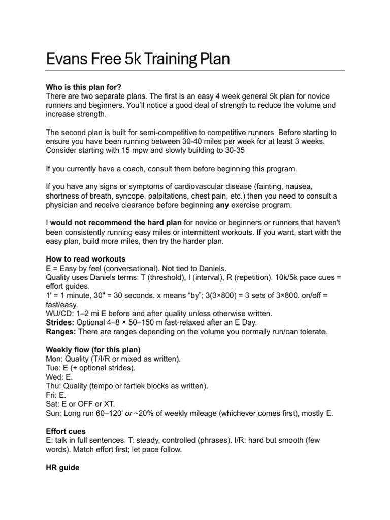 Evans Free 5k Training Plan | PDF | Medical Specialties | Diseases And ...