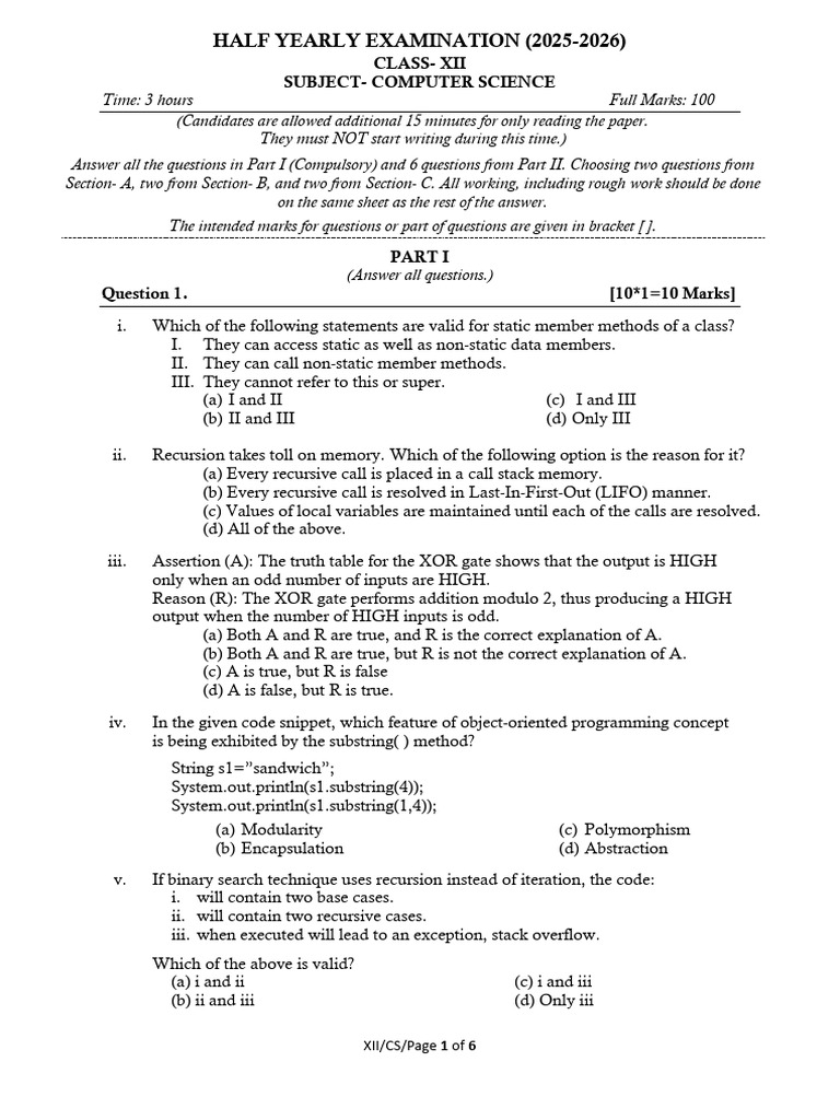 Class XII Computer Science Exam Paper | PDF | Method (Computer ...