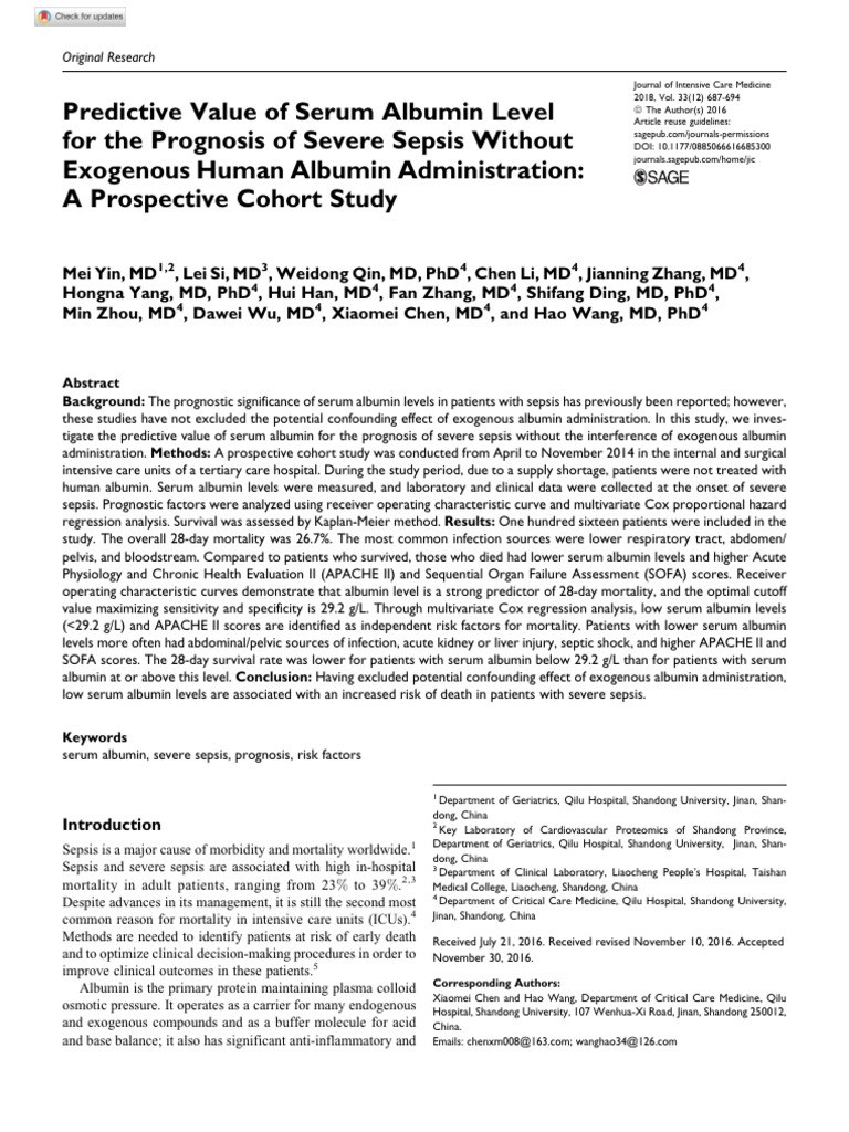 Yin Et Al 2016 Predictive Value of Serum Albumin Level For The ...