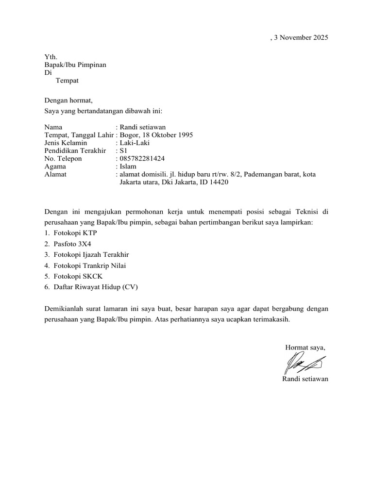 Surat Lamaran Randi | PDF