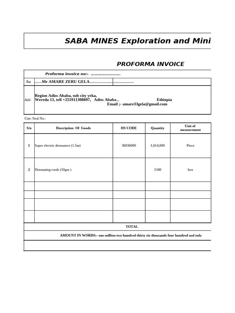 SABA MINES Proforma Invoice for Detonators | PDF