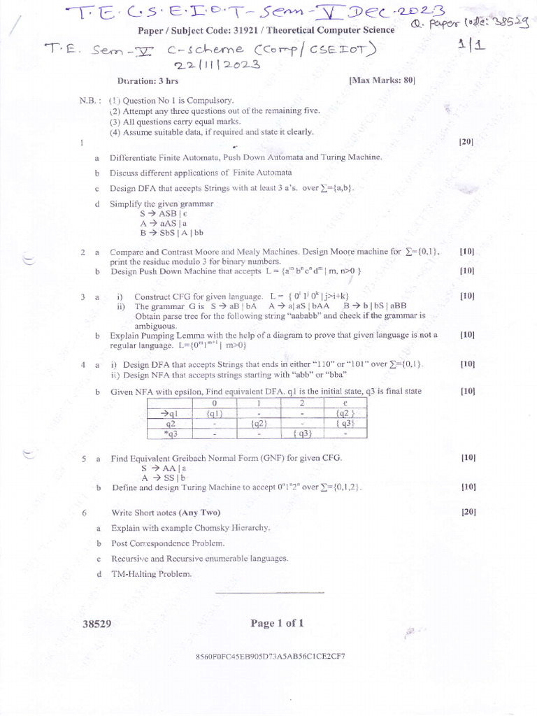 Te Cse Iot Sem V Dec 2023 | PDF | Databases | Automata Theory