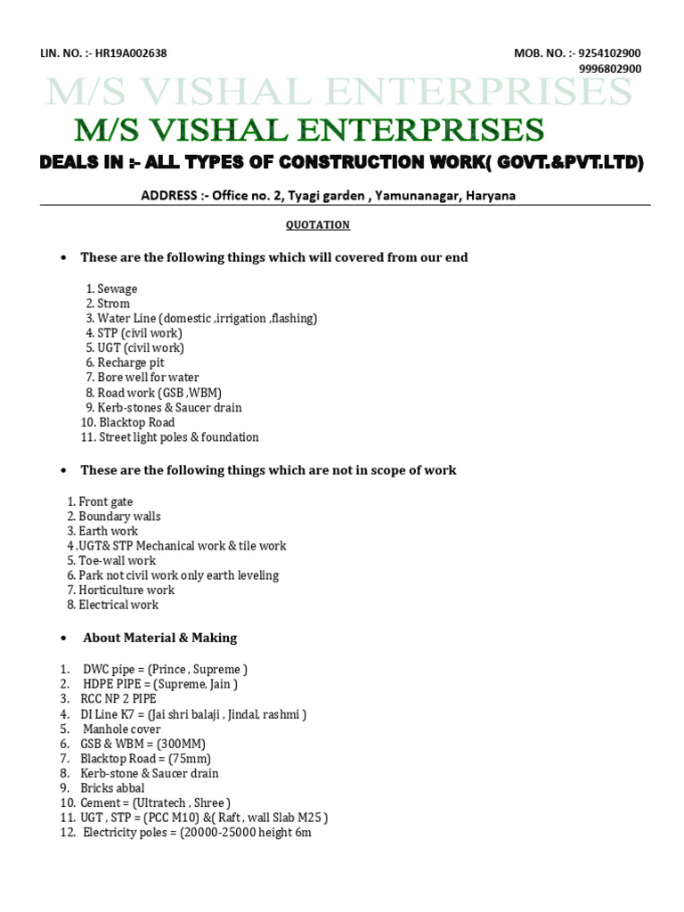 Comprehensive Civil Work Quotation | PDF