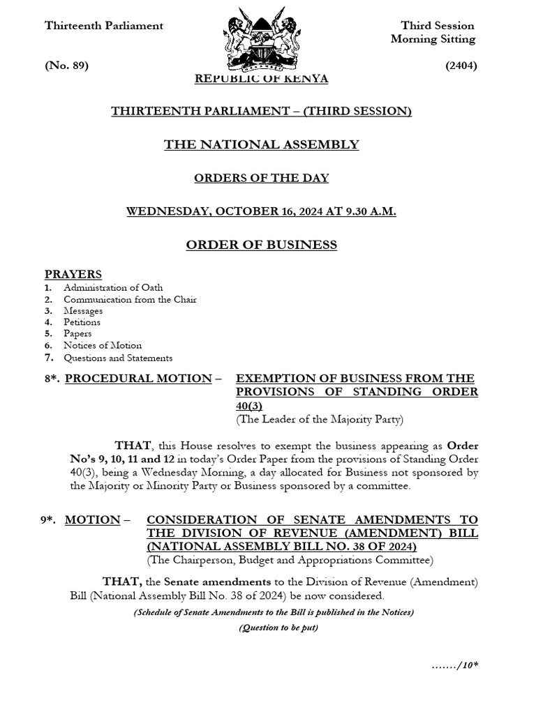 Order Paper For Wednesday 16th October 2024 - Morning Sitting | PDF ...