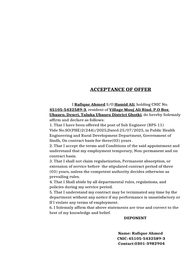Acceptance of Offer Rafique Ahmed Rind | PDF