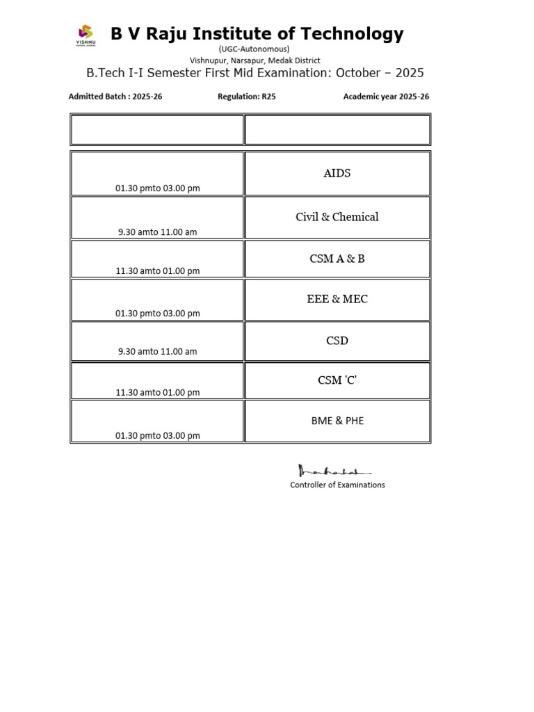 1-1 Sem R25-2025 Batch First Mid Time Table EDP | PDF