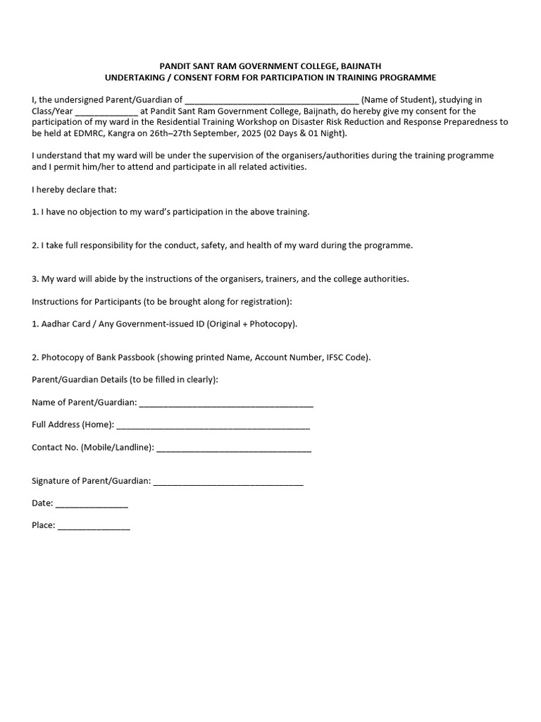 Consent Form for Training Program | PDF