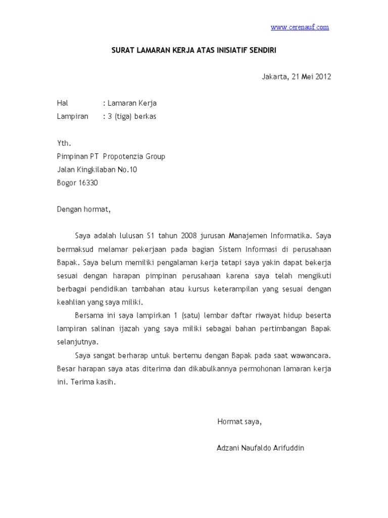 Contoh Lamaran Pekerjaan Inisiatif Sendiri - Aneka Macam ...