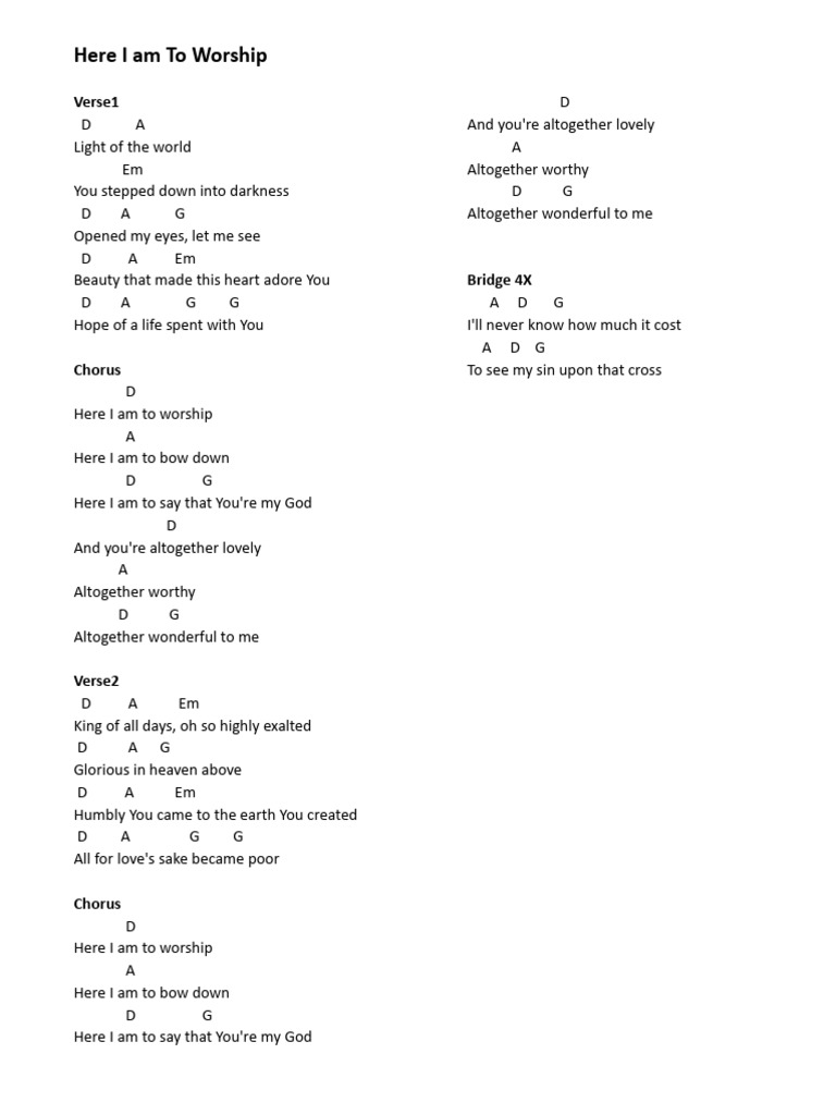 Here I Am to Worship Chords | PDF